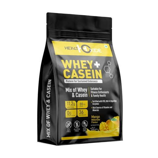 [BRSRM2Q5OACWECAY] HealthOxide Whey & Casein Protein with DHA & Digestive Enzymes | Dual Release Protein Blend for Muscle Growth Recovery Strength & Stamina | Mango Flavour High Protein Shake for Men & Women | 500g Pack of 01