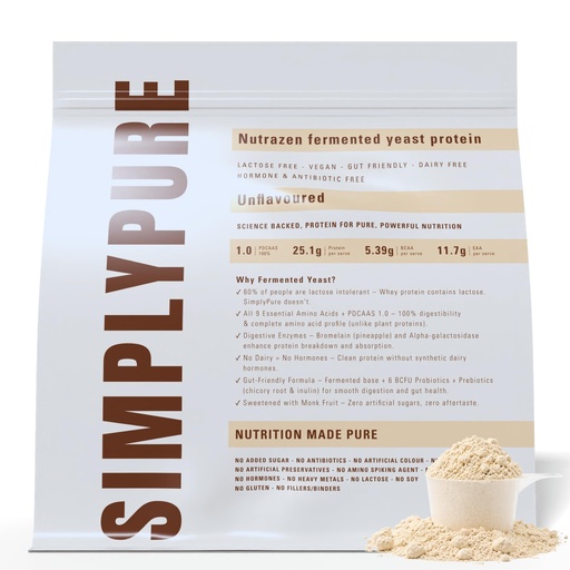 [BRSRGBIYPIPRMDTP] Nutrazen SimplyPure Fermented Yeast Protein Powder - Unflavoured - 1kg | 25.1g Complete Protein | Vegan Protein for Muscle Recovery & Lean Muscle Support | PDCAAS 1.0 | Easy to Digest with Probiotics & Enzymes | Gym & Fitness Supplement