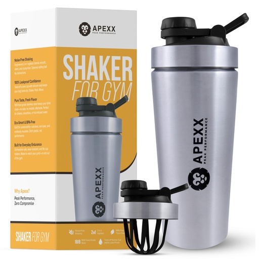 [BRSRE2Y6CIPGAYI6] Apexx Protein Shaker Bottle – Steel Shaker for Gym with Silent Mixing, Leakproof Twist Cap, BPA-Free, No Smell, with Carry Handle - Silver 750ML