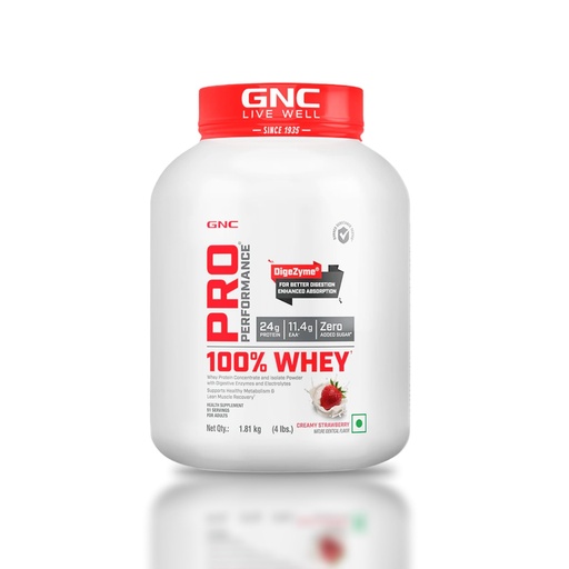 [BRSRM2YQBMIBMFDG] GNC Pro Performance 100% Whey Protein | 4 lbs | Muscle Growth | Muscle Recovery | DigeZyme® For Easy Digestion | Informed Choice Certified | 24g Protein | 5.5g BCAA | Creamy Strawberry