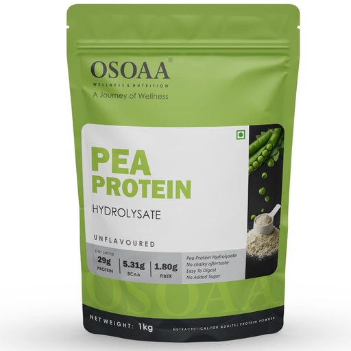 [BRSRYFAHBEPAO33H] OSOAA Pea Protein Hydrolysate – Unflavoured | 29g Protein, 5.31g BCAA, 1.80g Fiber per Serve | No Chalky Aftertaste, Easy to Digest, No Added Sugar | 1kg (27 Servings)
