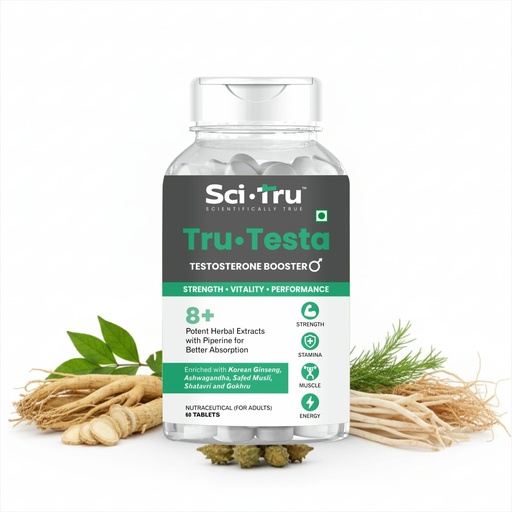 [BRSRG2YDDEHRU2TU] SCI.TRU Tru-Testa Testosterone Booster for Men | 8+ Herbal Extracts with Ashwagandha, Gokhru, Safed Musli & Korean Ginseng | Strength, Stamina & Energy Support | 60 Tablets
