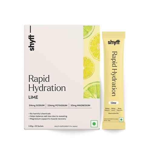 [BRSRGBATOJ7A4ADP] Shyft Rapid Hydration - Lime | 25 Sachets | Right sodium, potassium, magnesium mix for Instant Hydration | Absolutely no harmful chemicals | No Artificial Sweetener