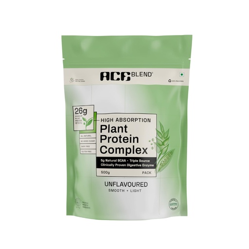 [BRSRAEATCUPQEALU] Ace Blend Unflavoured Plant Protein Triple Complex 500g | Brown Rice, Pea & Lentil | 26G / Serving | Complete Amino Acids | Gut Friendly | Soluble Food Fortifier for Aata, Dosas - For Men & Women