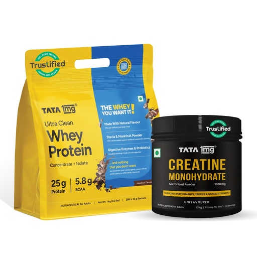 [BRSRGAY5OABQGHIV] Tata 1mg Creatine Monohydrate 250gm +Tata 1mg Whey Protein Hazelnut Chocolate