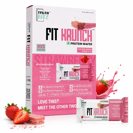 [BRSRGCQLPNYBEFYU] TRUTH BITE FIT KRUNCH Protein Wafer Bars Strawberry Flavour 400g (10 Bars x 40g Each) | 10g Protein Snack | No Added Sugar | Crispy Wafer | Healthy Snack | Zero Maida
