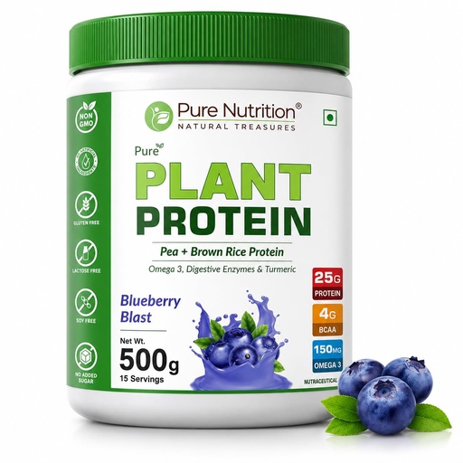 [BRSRACQPOIPRQG33] Pure Nutrition Plant Protein Powder | Vegan Protein Powder with Pea & Brown Rice Protein | 25g Plant Based Protein with Flaxseed Omega 3 & Digestive Enzymes | Lactose Free Protein Powder for Men & Women | Plant Protein Powder for Muscle Recovery, Strength & Daily Nutrition Support - 500g Berry Blast Flavour