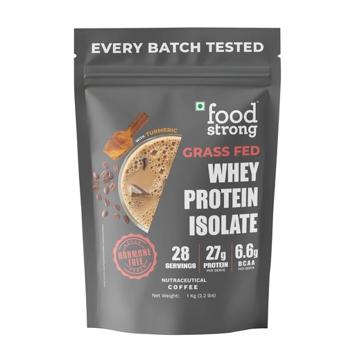 [BRSRAEIOCIMRU3T4] Foodstrong Whey Protein Isolate, 100% Hormone Free Grass-Fed Whey, 27G Protein & 6.6G BCAA, Coffee, With Turmeric & Digestive Enzymes, 1KG