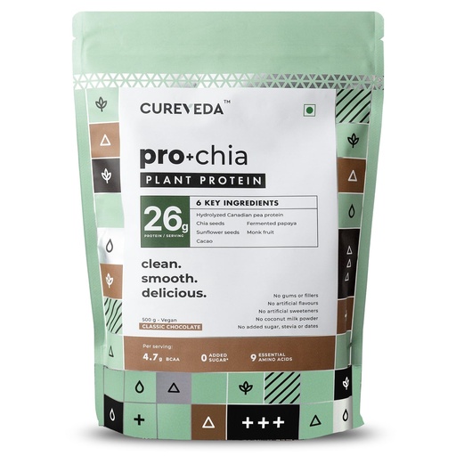 [BRSWGAY6CIFQ433X] Cureveda Pro+ Chia Hydrolyzed Plant Protein Powder | 26g Protein, 4.7g BCAA | Canadian Pea Protein Isolate + Whole Chia Seeds | Vegan, Easy to Digest, No Stevia, No Gums 500gms