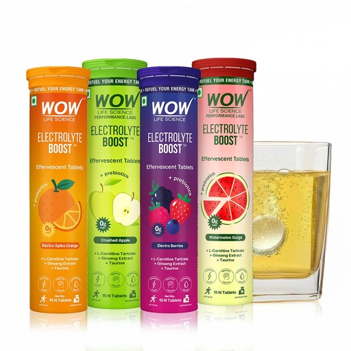 [BRSRGAYTAQCAO2Y2] WOW Life Science Electrolyte Boost Effervescent Tablets Combo | Orange, Green Apple, Mixed Berries & Watermelon | 0g Sugar Hydration Drink Mix with Taurine, L‑Carnitine & Ginseng | 15 Tablets Each