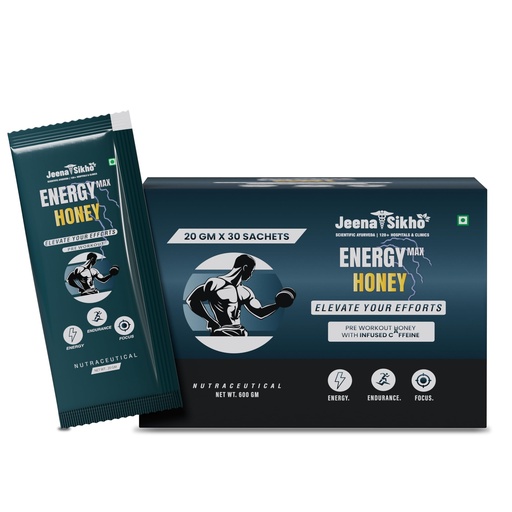 [BRSRGHQPC56W2CIU] Jeena Sikho Energy Max Honey with Caffeine | Pre Workout Energy Booster | Instant Energy, Stamina & Focus | Raw Honey Based Energy Sachets for Men & Women | 30 x 20g