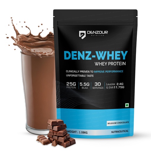 [BRSROFT3BAJQIHY6] DENZOUR NUTRITION Denz Whey Protein Powder | 25g Protein + 5.5g BCAA | Belgium Chocolate Flavour | Fast Digesting & Lab Tested | Muscle Recovery & Strength | 1.08kg | 30 Servings
