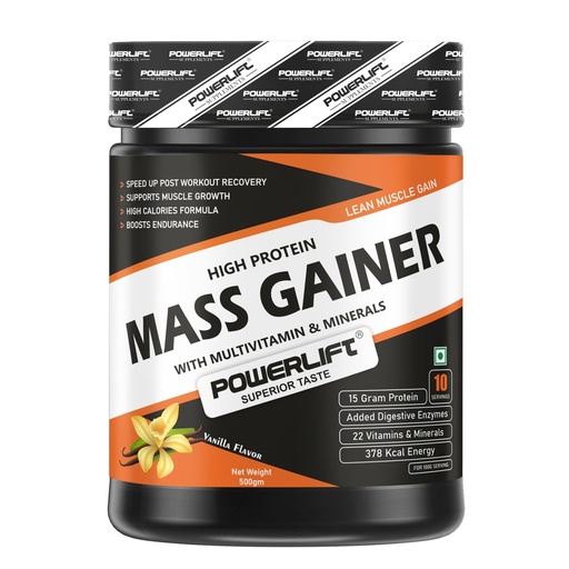 [BRSRGZ32CJ7WEH3F] High Protein Mass Gainer with Multivitamin & Minerals | Muscle Gain & Fast Growth | Vanilla Flavour | 15 g Protein 75 g Carbs per 100gm | 10 Servings - 500 Gm