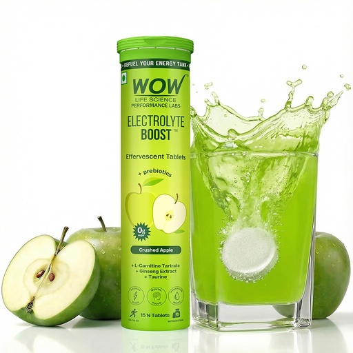 [BRSRGFQZCQCBSC36] WOW Life Science Electrolyte Boost Effervescent Tablets | Zero Sugar Hydration + Clean Energy | Electrolytes with Prebiotics, L-Carnitine, Ginseng & Taurine | Great Tasting Drink Tablets | Gren Apple | 15 Tablets (Pack of 1)