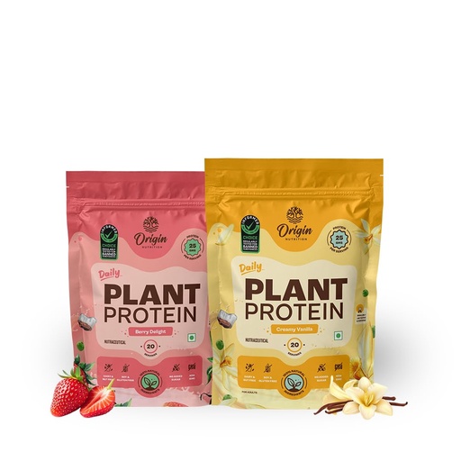 [BRSRYZYYAFYW2FLU] Origin Nutrition Plant Protein Combo | Strawberry + Creamy Vanilla | 25g Pea Protein per Scoop | 40 Servings, 2 Pouches | Vegan, Gut-Friendly, No Sugar