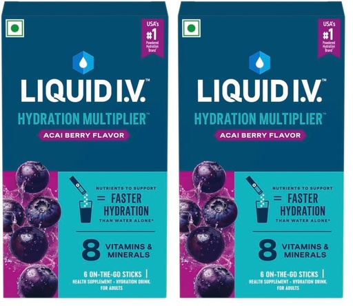 [BRSRYZAOOYHW2H3U] Liquid I.V.™ Hydration Multiplier™ - Acai Berry|6 Sticks : 3 LTRS| Hydration Drink Mix 16g (Pack of 2)