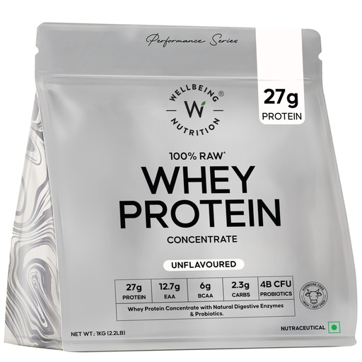 [BRSRAHYHCQPBY3D6] Wellbeing Nutrition Clean Whey Protein Concentrate 1kg Unflavoured | 27g Protein, 6g BCAA | 4B CFU Probiotics & Digestive Enzymes | Fast Absorbing, No Bloating, Easy to Digest | Faster Muscle Recovery