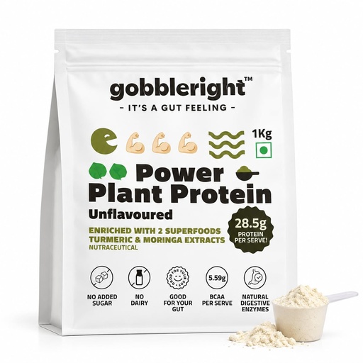 [BRSRGGANDIAREAD6] GOBBLERIGHT Power Plant Protein Powder Unflavoured 1kg | 28.5g Protein Per Serve | No Added Sugar | Isolate & Concentrate Pea Rice Powder | 4.91g BCAA | No Bloat & Gut Friendly | Gluten Free & Vegan