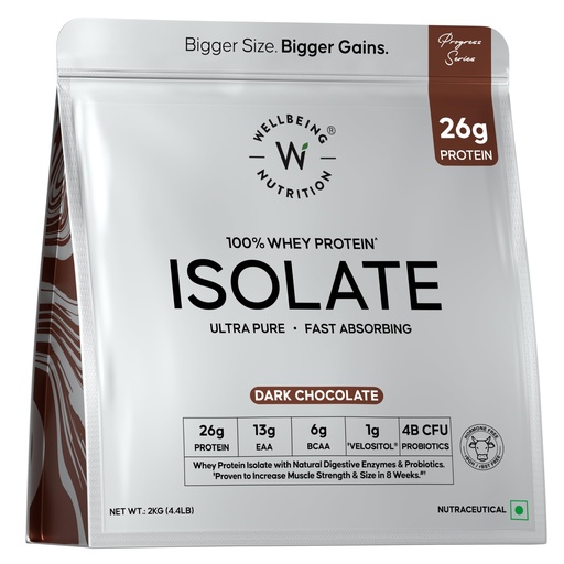 [BRSRGY32OAMQMCQ4] Wellbeing Nutrition Clean Whey Protein Isolate 2kg Dark Chocolate | 26g Protein, Clinically Proven Velositol for 2x Muscle Protein Synthesis, 4B CFU Probiotics, Digestive Enzymes, Bloat Free, Easy to Digest