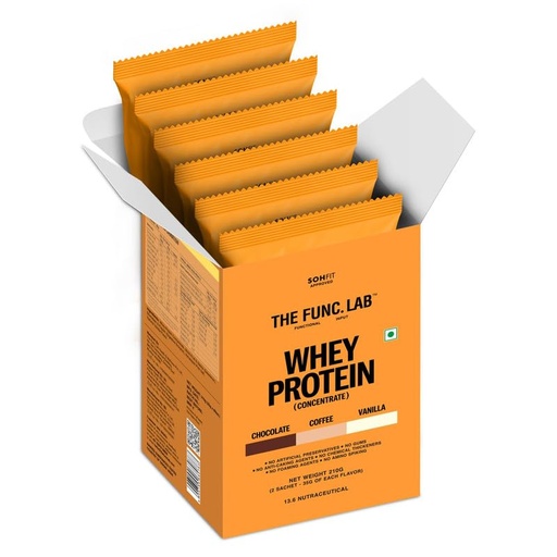 [BRSREATQOJ5R6YLJ] The Func. Lab Whey Protein Concentrate - Assorted Flavour Travel Packs | 6 Sachets(35g Each) | Grass‑Fed, 25-26g Protein per Scoop | High Protein Supplement with Digestive Enzyme for better Absorption