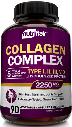 [BRSWGAIYO54BSD3L] NutriFlair Multi Collagen Peptides 2250mg, 90 Capsules - Type I, II, III, V, X - Collagen Supplements Complex Powder Pills for Women and Men - Hydrolyzed Protein, Healthy Hair, Skin, Nails - Non-GMO