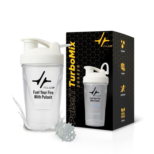[BRSREFD4OENREFLF] PulseIT TurboMix Protein Shaker Bottle 400ml | BPA-Free Leakproof Gym Shaker with Plastic Mixing Ball | Protein Mixer Bottle for Whey Protein, BCAA, Creatine & Pre-Workout (White)