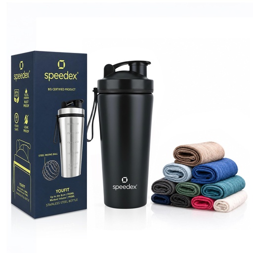 [BRSRGBICDF6WGYIU] Speedex Stainless Steel Gym Shaker Bottle 750ml with Mixing Ball & Towel for Men & Women | Leakproof Protein Metal Shaker for Gym, Wide Mouth, Measurement Markings, Carry Loop Flip Cap – Black
