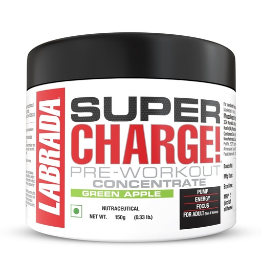 [BRSROBDYOUBQKDTA] Labrada Super Charge Pre Workout Supplement for Men & Women | Energy, Focus & Muscle Pump Support | Green Apple Flavour | 150g