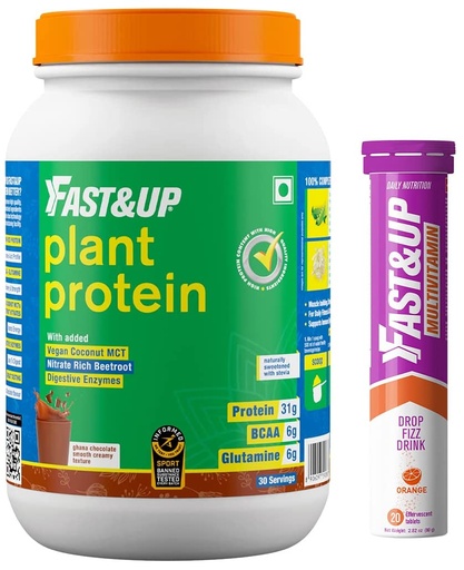 [BRSRM2YRCEHR6F3B] Fast&Up Vegan Plant Protein- Chocolate Flavor & Vitalize Mutivitamin Supplements- 20 Effervescent Tablets - Orange Flavor