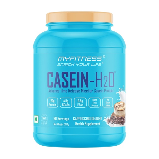 [BRSRECACDMNWCG3J] Myfitness Casein Protein Powder | Casein-H2O | 80% Protein Per Serving | 100% Micellar Casein Protein Supplement | (500g (20 Servings), Cappuccino Delight)
