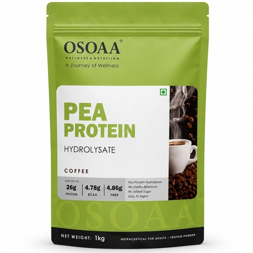 [BRSRYFAHCEHWO3TG] OSOAA Pea Protein Hydrolysate – Coffee Flavour | 26g Protein, 4.78g BCAA, 4.86g Fiber per Serve | No Chalky Aftertaste, Lactose-Free, Easy to Digest | 1kg (27 Servings)
