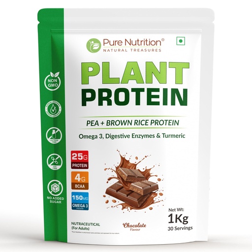 [BRSW2FAKOEMAE2DD] Pure Nutrition Plant Protein Powder with Pea & Brown Rice Protein | 25g Plant Based Protein with Flaxseed Omega 3 & Digestive Enzymes | Lactose Free Protein Powder for Men & Women | Plant Protein Powder for Muscle Recovery, Strength & Daily Nutrition Support - 1kg Chocolate Flavour