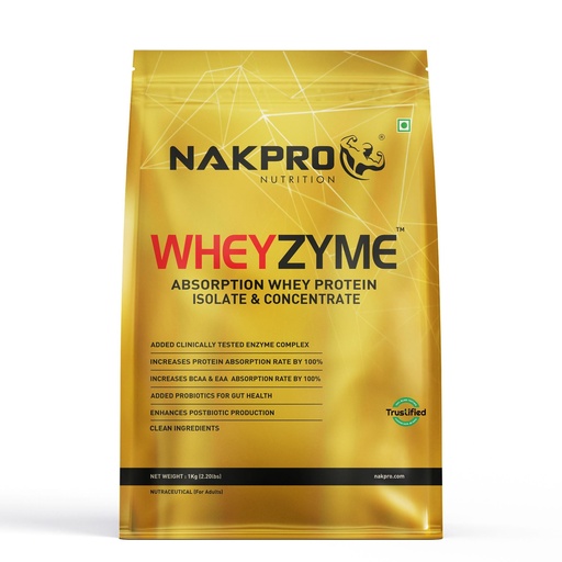 [BRSROCYYPN6ROYLA] NAKPRO WheyZyme Whey Protein Powder, Isolate & Concentrate | 26g of Protein per Serving | Clinically Tested 100% Higher Protein Absorption (1kg, Double Rich Chocolate)