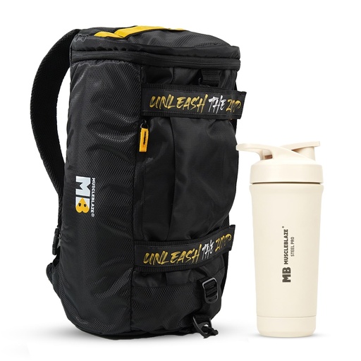 [BRSRYGQHA57AECLD] MuscleBlaze Hybrid Gym Backpack, Black, 40L + Stainless Steel Shaker Pro