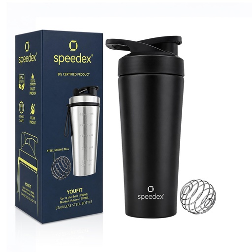 [BRSRYFDQBYBBG2Y7] Speedex Stainless Steel Gym Shaker Bottle 750ml with Mixing Ball | Leakproof Protein Shaker for Gym, Wide Mouth, Measurement Markings, Flip Cap | Metal Shaker for Men & Women – Black