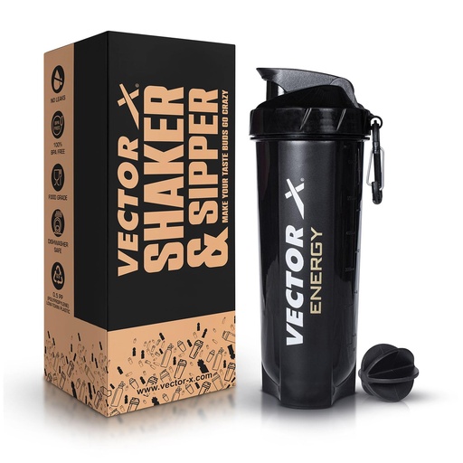 [BRSRMFADAAFQAFY6] Vector X Plastic Gym Energy Shaker Bottle, Leakproof Guarantee Sipper Bottle Ideal for Protein, Preworkout and Bcaas, BPA-Free Material (Black, 600 Milliliters) (Black),600 ml