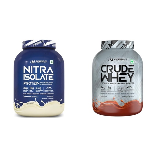 [BRSRYYADDMHRGCT3] Bigmuscles Nutrition Nitra Isolate [2kg, Malai Kulfi] | 32g Protein | 10g EAA | Whey Protein with | Bigmuscles Nutrition Crude Whey - 2 kg (Rich Chocolate) | US FDA REGD. BRAND | Whey Protein Concen