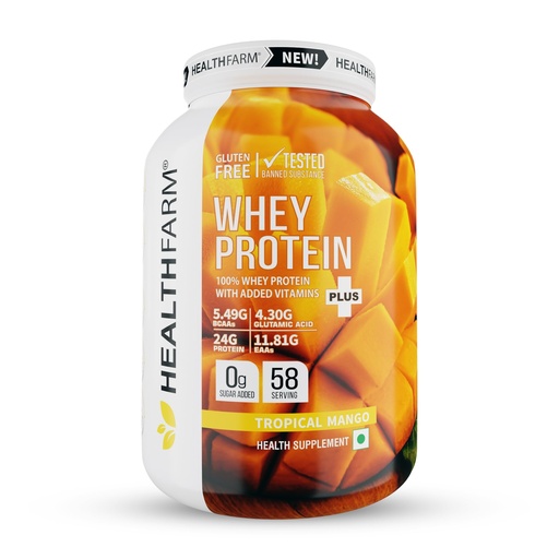 [BRSW2EATB4CRYGTU] HEALTHFARM Whey protein plus | Added vitamins | Gluten-free | Builds Lean Muscles | 24g Protein | Tropical Mango | 2KG / 4.4lbs