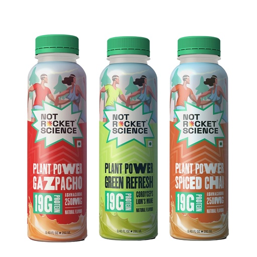 [BRSRGZYLOF5WMALZ] Not Rocket Science Plant Power Combo Pack (Gazpacho, Green Refresh & Spiced Chai) | 19g Plant Protein Shake Each | Gluten-Free | No Artificial Sweetener | With 250 mg Functional Adaptogens | 280ml × 3