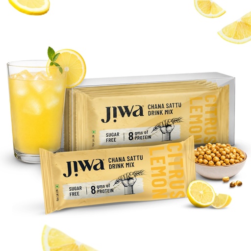 [BRSRYZAPBAJR4D34] Jiwa Chana Sattu Drink Mix (Pack of 5 x 40g) | Citrus Lemon Flavor | 8g Protein per Serving | Sugar Free, No Preservatives | Patented Cold Pressed Sattu | Instant Energy Drink | Healthy Drink For All Ages