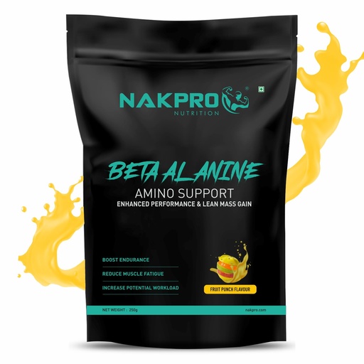 [BRSRMHQBBEIB4HLK] Nakpro Beta Alanine Supplement Powder| Muscle Building Amino Acid, Faster Recovery, Pre Workout supplement for Men & Women -250g FruitPunch, (83 Servings)