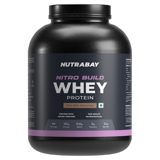 [BRSROYYKAQCBUCYU] Nutrabay Nitro Build Whey Protein Powder - 2kg, Rich Milk Chocolate | 30g Protein, 3g Creatine Monohydrate, 6.6g BCAA | NABL Lab Tested | Superior Muscle Growth and Recovery