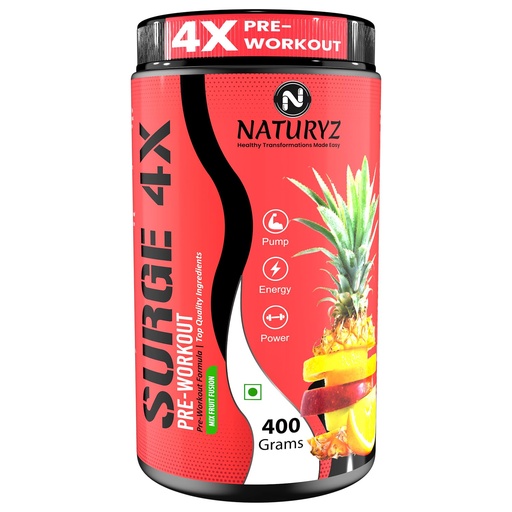 [BRSWGFT6DF7GMET5] Naturyz Surge 4X Pre Workout, 400g Powder (Mix fruit fusion flavour) with 4000mg Beta-Alanine, 3500mg L- Citrulline,Creatine,L- Arginine & Aminos