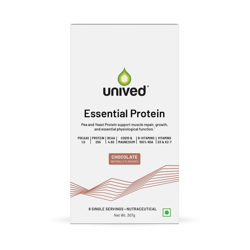 [BRSRYZQFO4BR4FLB] Unived Essential Protein - 25g Pea & Yeast Protein + Multivitamins | B-Complex, D3, K2, CoQ10 | PDCAAS 1.0 | (Pack of 8, Chocolate)