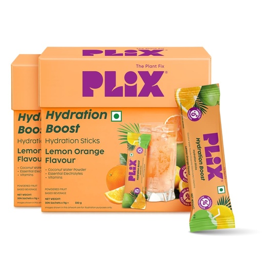 [BRSRYZA6DMORY3T2] Plix Hydration Boost Electrolyte Powder | Hydration Drink Mix with Coconut Water, Sodium & Potassium | Lemon Orange Flavour | Supports Energy, Hydration & Recovery | Pack of 60 | No Added Refined Sugar