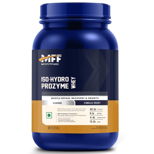 [BRSWYFABAABW2ADP] MyFitFuel ISO-HYDRO ProZymes Whey, Low Carb, 100% Pure Whey Protein Isolate & Hydrolysed Whey | Clinical Trial Enzyme & Probiotics For Faster Digestion & Enhanced Absorption | (Vanilla Velvet, 1 Kg)
