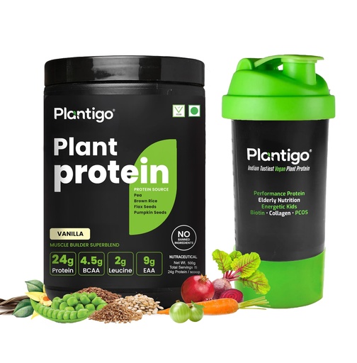 [BRSREZANOQFBOCLG] Plantigo Clean Plant Protein Powder for Men, Women - 24g Protein, 4.4g BCAA, 2g Leucine, Antioxidants, 11 Vitamins, 8 Minerals, Brown Rice, Pea Protein (Vanilla Flavored + Sipper Bottle 600ml)