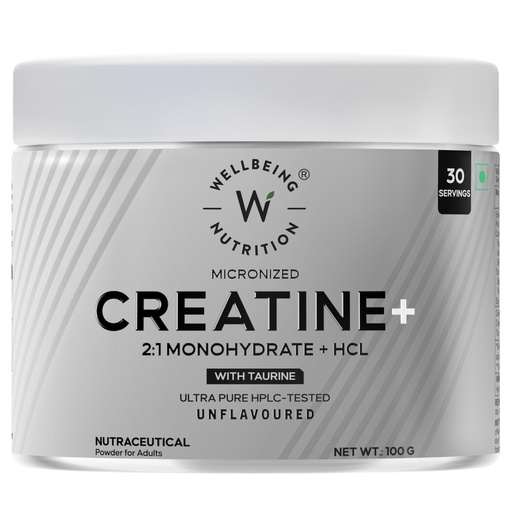 [BRSRAHY7CB5AG2QY] Wellbeing Nutrition 100% Pure Micronised Creatine Powder Monohydrate + HCL | Taurine | For Muscle Strength & Recovery, Muscle Growth & Cognition | Unflavoured,100g, 30 servings For Men & Women