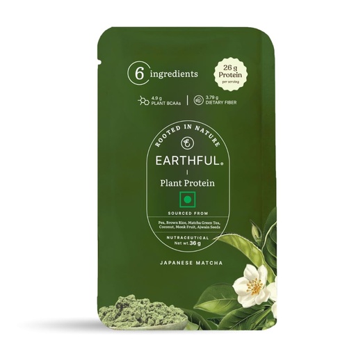 [BRSRYGANAR4AEELA] Earthful Honest Plant Protein Sachet - Japanese Matcha | Single-Serve 36 g Sachet | 26 g Plant Protein | Pea & Brown Rice Blend | Sweetened with Monk Fruit | Vegan, Lactose-Free
