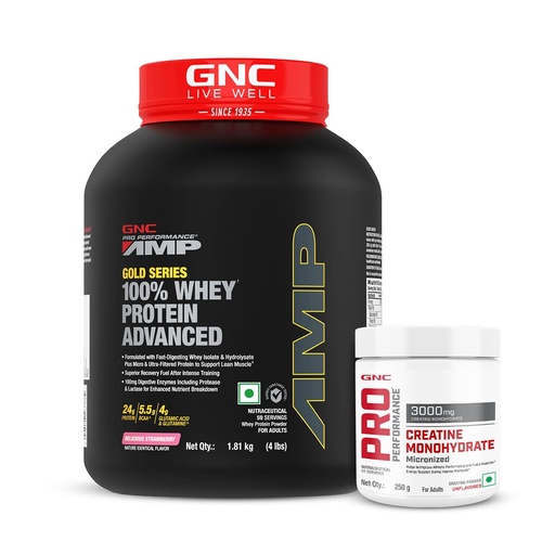 [BRSRMFL7O4JWC3T3] GNC AMP 100% Whey Advanced + Creatine Monohydrate Combo - Lean Muscle Gains | Fast Recovery | Superior Post-Workout Fuel | Hydrates Muscle Cells (Creamy Strawberry, 4 lbs)